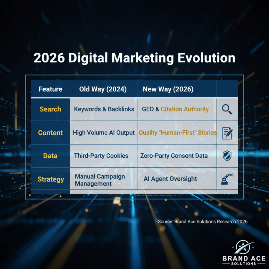 Comparison table of 2026 digital marketing trends vs 2024 by Brand Ace Solutions.