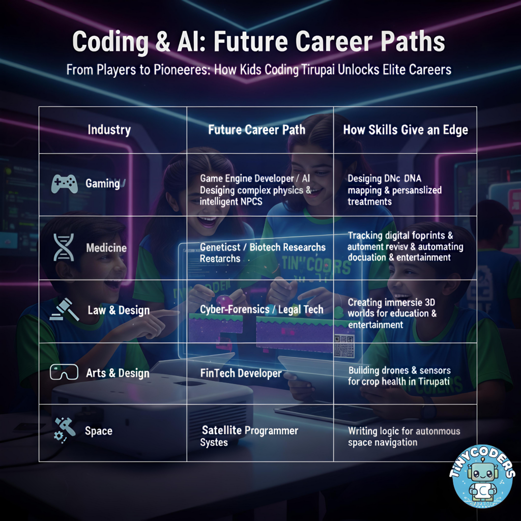 Infographic showing future career paths for Kids Coding Tirupati, including Gaming, Medicine, and Space.