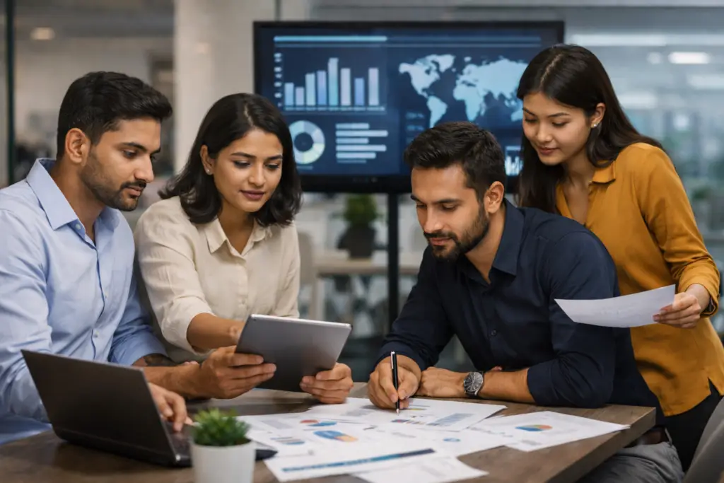 Indian business team discussing growth strategy using data and charts in a modern office
